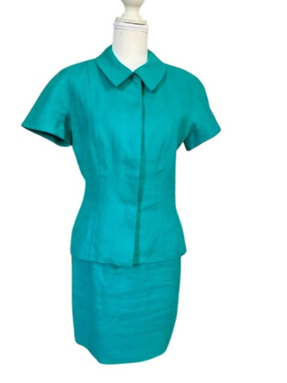 Vintage Kelly Graham Teal 100% Linen Two-Piece Skirt Suit Short Sleeve Size 6